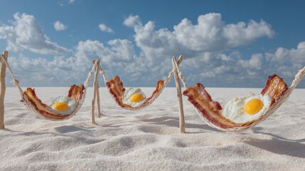 Bacon and eggs arranged in hammock shape on light surface. Fun food art and breakfast concept for culinary.