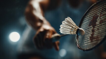 Badminton player in serving forehand position with racket. Sports action and athletic technique concept.