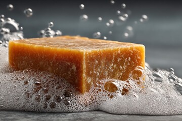 Soap bar with foam and bubbles on grey background close-up. Personal care and hygiene product concept.