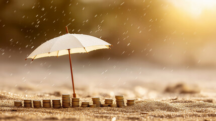 Visual metaphor for financial security: an umbrella placed over ascending stacks of wooden blocks and coins, illustrating the importance of securing investments against unforeseen economic downturns.