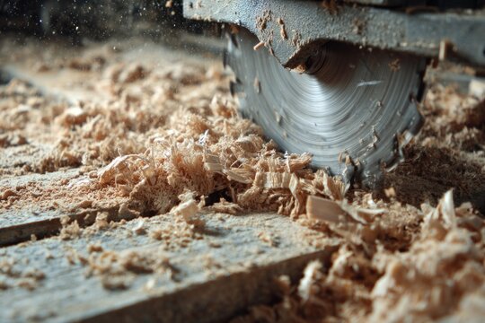 Circular saw blade cutting through wood in workshop. Woodworking and carpentry craftsmanship concept.