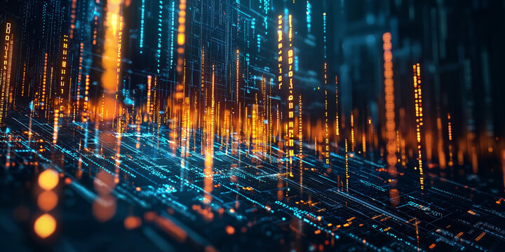 Abstract Digital Cityscape With Glowing Blue And Orange Lines Representing Data Flow