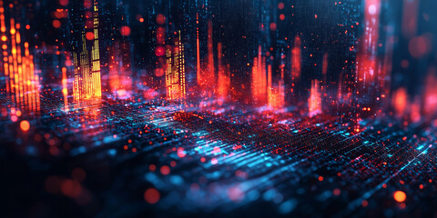 Abstract glowing data graphs and numbers with red and blue lights