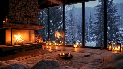 Cozy winter evening by the fireplace in a rustic cabin surrounded by snowy trees - Powered by Adobe