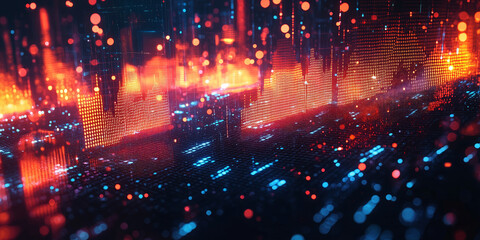 Abstract Glowing Data Graphs and Numbers with Vibrant Red and Blue Lights