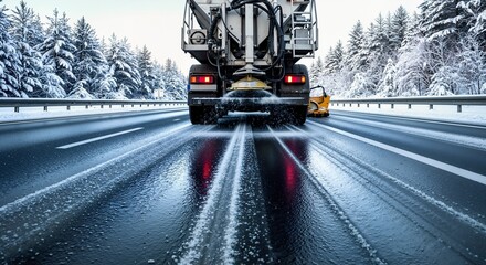 A salt spreader truck de-icing a wet highway in winter. Rear view of a gritter spreading salt on a slippery road with a snow-covered forest. Road safety and winter maintenance