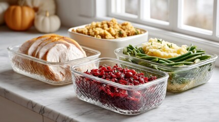 Next-day leftovers on countertop with turkey slices and stuffing. Food kitchen and cooking concept.