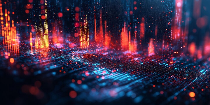 Abstract glowing data graphs and numbers with red and blue lights