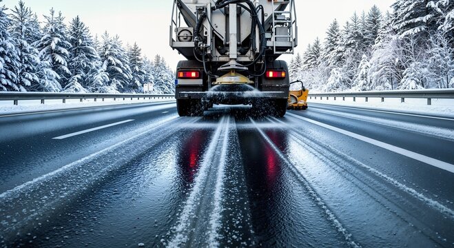 A salt spreader truck de-icing a wet highway in winter. Rear view of a gritter spreading salt on a slippery road with a snow-covered forest. Road safety and winter maintenance - Powered by Adobe
