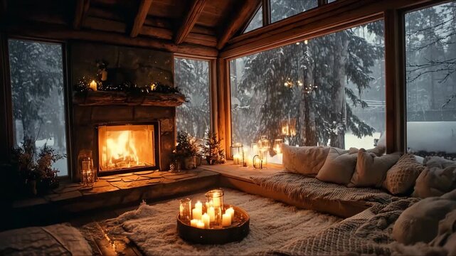Cozy winter evening in a warm cabin with a fire and candles, surrounded by snow-covered trees