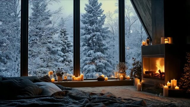 Cozy winter cabin with fireplace and snowy landscape creating a warm atmosphere in the evening