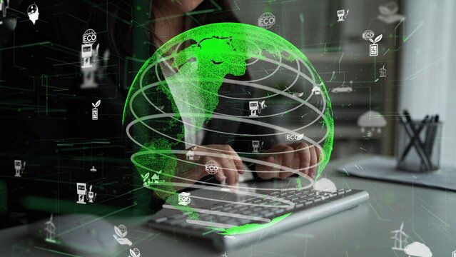 A modern hands-on keyboard setup with a digital green globe overlay, highlighting eco-friendly elements that represent sustainability and innovative technology for the future. Xenic - Powered by Adobe