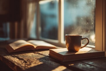 Sunlit reading desk by window with warm golden afternoon light. Study relaxation and literature concept.