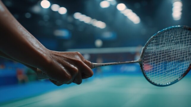 Ultra-realistic close-up showing hands gripping badminton racket. Sports recreation and active concept.