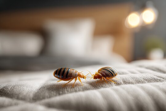 Ultra-realistic photo of two bed bugs on mattress in sharp detail. Pest control problem concept.
