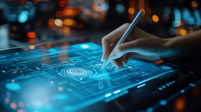 Close Up Hand Using Digital Tablet With Futuristic Interface In Blue Neon Light
