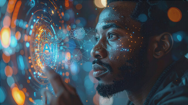 Artificial intelligence (AI) concept: Man interacting with futuristic digital interface showing AI text and gears in a data network