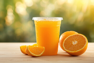 Naklejka premium A glass of fresh orange juice with sliced oranges on a wooden table.