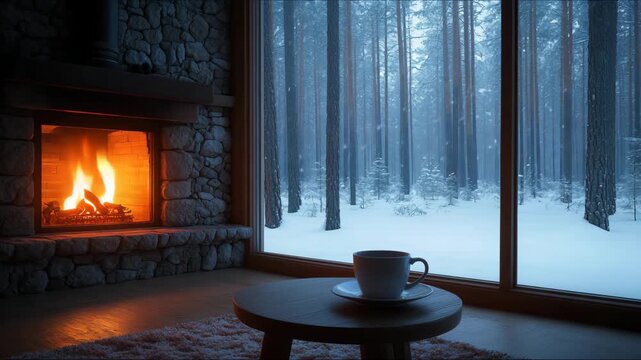 Warm fire crackles beside snowy forest as winter evening unfolds in cozy cabin retreat