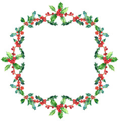 Holly watercolor border, frame for traditional Christmas cards, New Year, nature, plant, berries, leaves, branches, green, evergreen, botanical, forest, tree, isolated image, clipart, 300 dpi PNG
