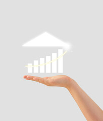 hand supporting rising bar chart under roof silhouette illustrating home equity and property value increase, mortgage specialist conveying growth and stability in real estate market