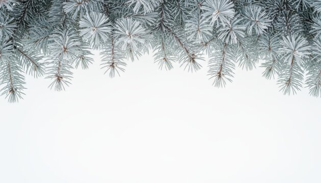 Frosted pine tree branches covered in snow, creating a beautiful winter border on a clean white background.