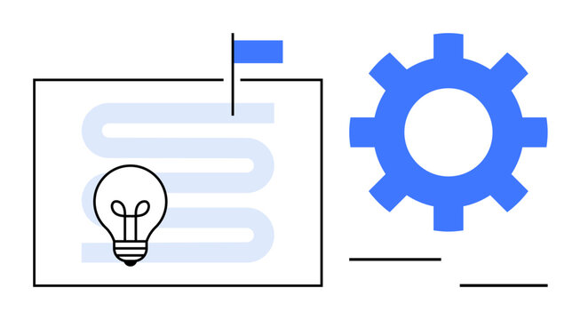 Light bulb, winding path with flag, and gear depict inspiration, progress, and efficiency. Ideal for project management, innovation, strategy, teamwork creativity workflow simple flat metaphor