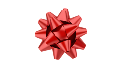 3D render of red gift bow, shiny satin ribbon, top-down view, isolated on grey background, for Christmas, birthday, present wrapping.