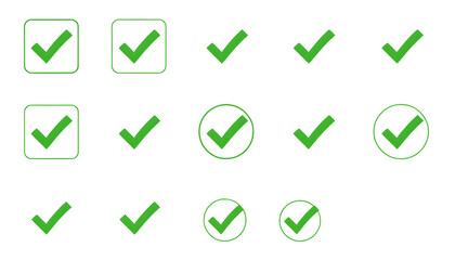 Green web check mark tick icons and buttons set vector illustration