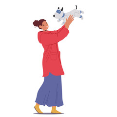 Young woman cartoon character caring for mechanical robotic dog isolated on white background