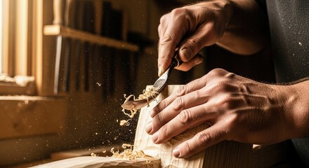 Dedicated artisan hands meticulously carve natural timber, shaping a unique wooden creation with careful precision in a traditional workshop, generating delicate shavings, showcasing a timeless skill.