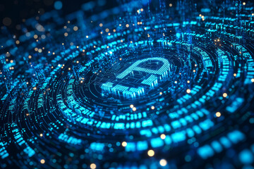 Digital Lock Symbol glowing blue amidst swirling binary code in dark abstract background