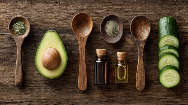 Fresh Natural Ingredients Arranged on a Wooden Surface With Avocado, Cucumber, and Essential Oils for Healthy Living