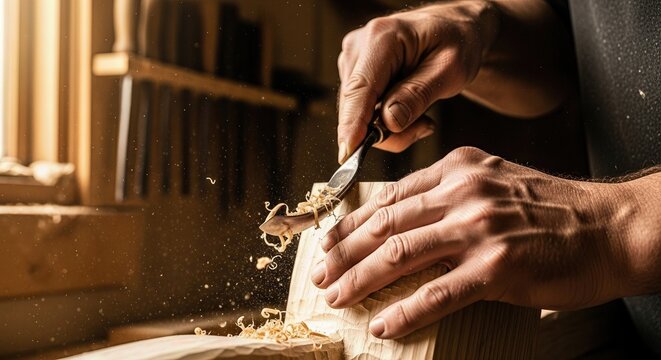 Dedicated artisan hands meticulously carve natural timber, shaping a unique wooden creation with careful precision in a traditional workshop, generating delicate shavings, showcasing a timeless skill.