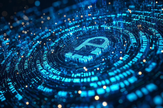 Digital Lock Symbol glowing blue amidst swirling binary code in dark abstract background