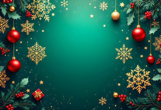 Festive Christmas background with gold snowflakes red ornaments holly berries stars and green pine branches creating a warm cheerful and elegant holiday atmosphere