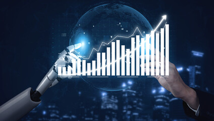 This captivating image features a robotic hand pointing at a data graph overlaying a digital globe, symbolizing advanced technology in business analytics. Impute