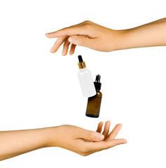 serum transfer ritual, therapist performs calming serum transfer in relaxed spa setting, delicate hands exchange levitating serum bottles during soothing wellness treatment with warm tones