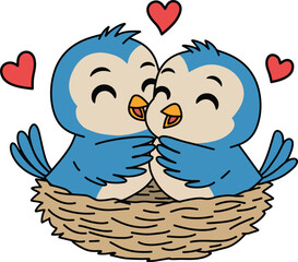 Adorable Blue Bird Couple Hugging in a Cozy Nest with Hea