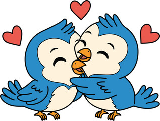 Cute Blue Lovebirds Embracing with Hearts