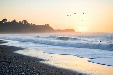 Beach horizon at dawn with gentle waves
