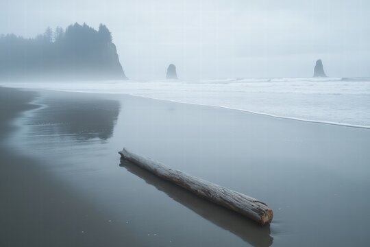 Foggy beach with driftwood log - Powered by Adobe