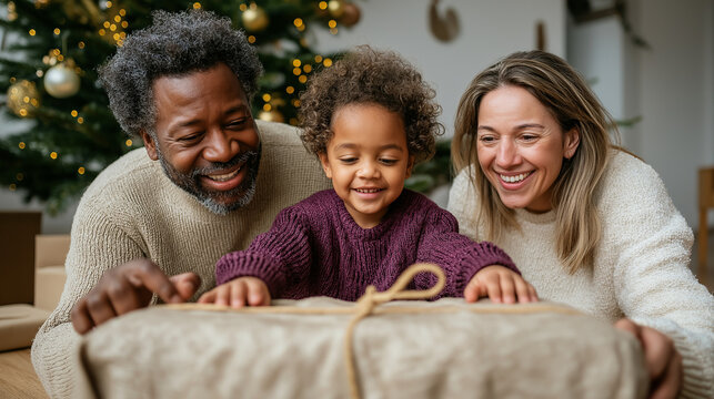 Joyful african american Middle age man, hispanic Young woman, and curly-haired Preschooler boy unwrapping a Christmas gift with a beautifully decorated tree background, festive family celebration - Powered by Adobe