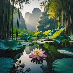 Serene Lotus Flower Blooming on Tranquil Water Amid Lush Green Bamboo Forest and Limestone Mountains at Sunrise