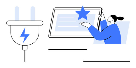 Electric plug and person interacting with a digital screen displaying a blue star. Ideal for technology, energy, innovation, digital content, connectivity, sustainability, product evaluation. Simple