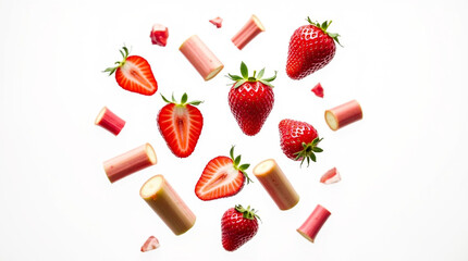 Fresh Cut Strawberries and Rhubarb Pieces Floating or Falling Against a White Background | Baking Ingredients and Summer Produce