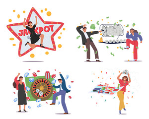 Happy people winners celebrating sudden prosperity due to success in gambling isolated set