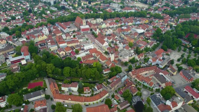 Aerial panorama view of the city and old town of Erding, 85435, Bavaria in Germany on a sunny day in summer.