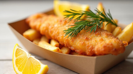 Golden Crispy Fish and Chips in Takeaway Box with Fresh Lemon Wedges and Dill Garnish | Traditional British Seafood Dish