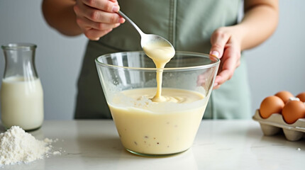 Close-up of Woman Mixing Thick Pancake or Waffle Batter in Glass Bowl with Spoon | Home Cooking, Baking, and Preparation
